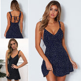 Robe d'été à pois et col en V - Robe de plage sans manches coupe princesse
